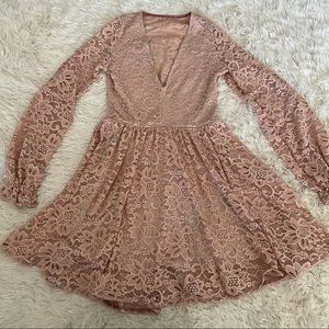 BLACKMILK BLUSH LACE LONG SLEEVE DRESS